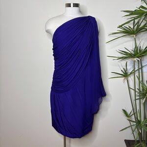 Melinda Eng 100% Silk One Shoulder Chiffon Ruched Side Zip Formal Midi Dress 12